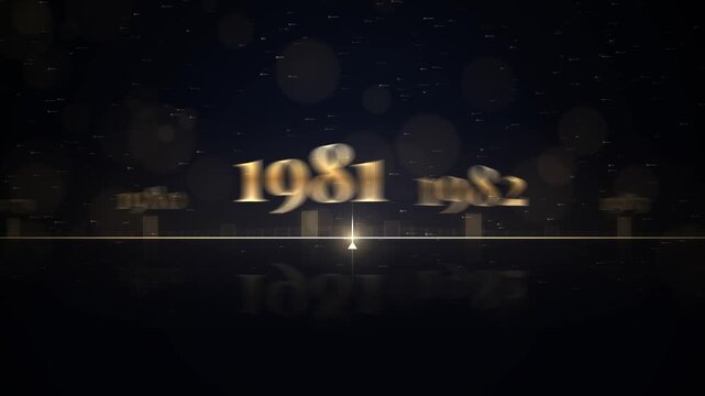 Golden timeline ruler slides from 1970 to 2027 with glowing marker