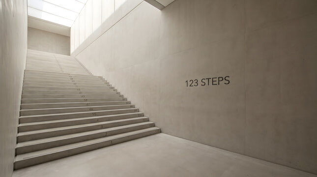 A minimalist modern concrete architectural interior featuring a monumental staircase labeled with exactly 123 steps