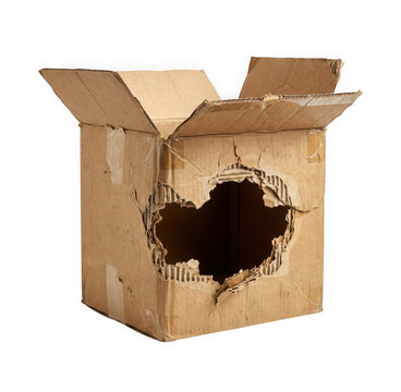 Damaged empty cardboard box with a large hole in the side isolated on transparent background