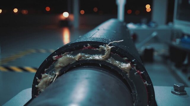 Pulling camera revealing metal rotor with cut housing in plant bay, showing insulation and red bits