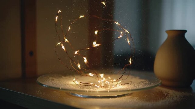 Lifting warm-white LED string on thin copper wire from window breeze, revealing dust on glass plate