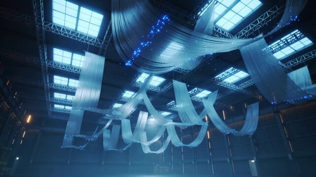Sequence starting, suspended sheer ribbons undulating in hangar, blue particles tracing edges