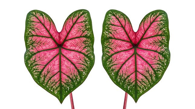 Two vibrant heartshaped caladium leaves with pink centers and green margins, isolated on white background