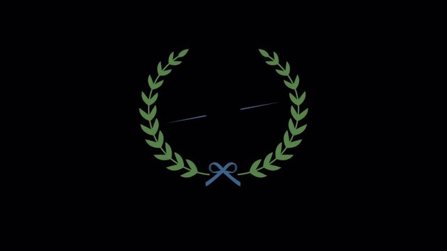 A circular green laurel wreath emblem with a blue ribbon on a black background.