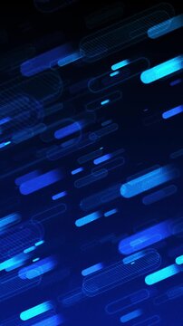 Glowing blue capsule shapes sweep background wireframe trails. Fast abstract data transfer, communication, internet speed, technology, streaming software, network system, transitions, energetic intros