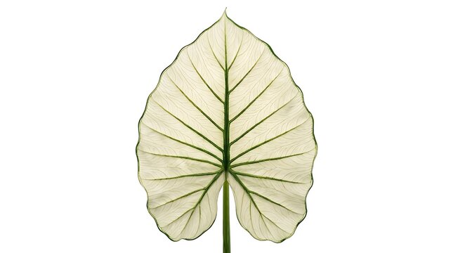 A stunning, rare alocasia leaf with striking white variegation and prominent green veins, captured in a clean, minimalist studio shot isolated on white background