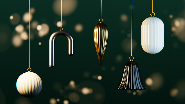 Sculptural Christmas ornaments hanging against soft festive bokeh