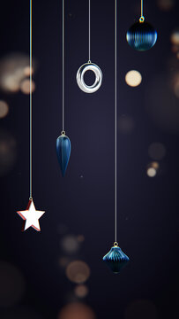 Vertical Christmas background with delicate glass ornaments and bokeh