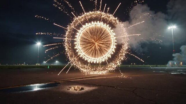 Igniting circular firework ring expanding above tarmac for night display, sending sparks and smoke