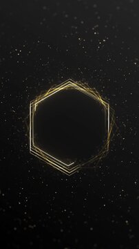 Golden hexagon shines black background filled floating particles. Luxury motion awards, premium branding, product launches, wedding invitations, elegant titles, gala events, logo reveals, celebrations