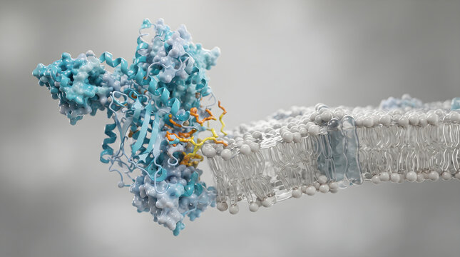 A 3D molecular render of the ace2 receptor protein interacting with a cell membrane and lipid bilayer structure