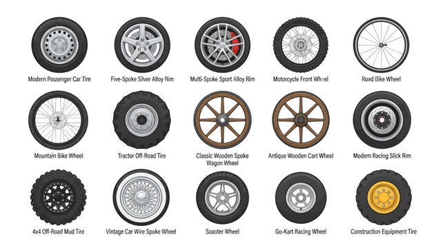 Diverse vehicle wheels displayed in isolated flat design style