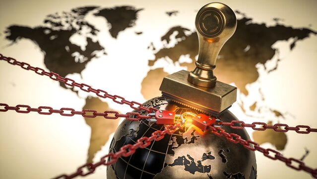 Brass customs stamp locking global trade routes on dark metal globe concept of economic sanctions and trade embargo