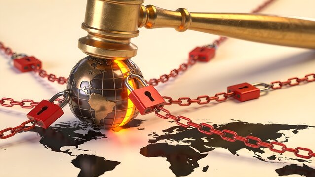 Metallic earth globe wrapped in heavy iron chains with a padlocked brass customs stamp concept of international trade embargo