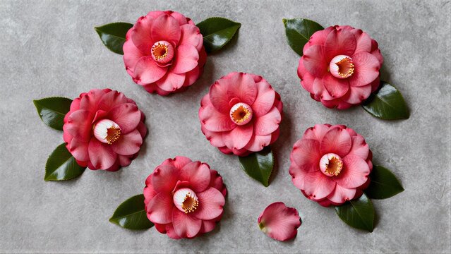 Pink camellias with green leaves on a soft gray background.