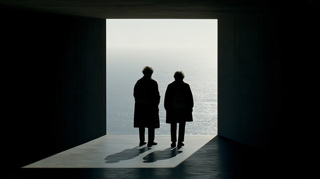 Silhouettes of two seniors standing before an exit filled with light and a view of the bright sea at the end of a dark passageway.