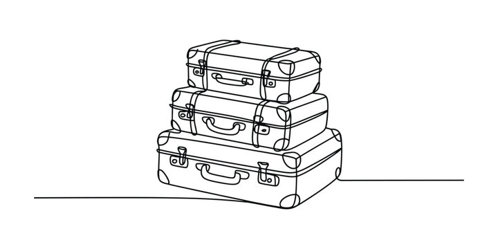 Stack of three vintage travel suitcases drawn in a simple continuous line art style