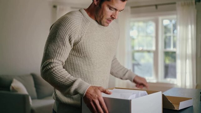 Entering home man in ribbed sweater placing box on counter lifting lid checking tissue contents