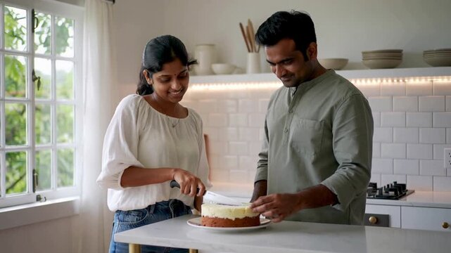 Picking up serrated knife, Indian couple in casual clothes cutting layered cake in kitchen to serve