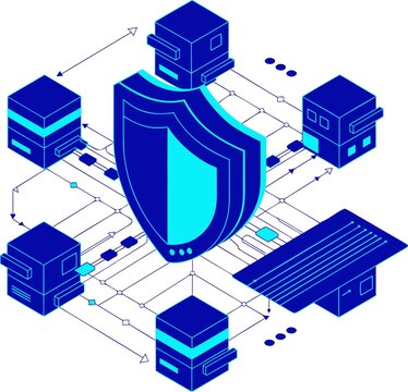 Cyber Security and Cloud Data Architecture Vector Infographic, Network Protection and Server Flow Diagram for IT Presentation
