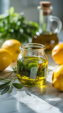 Frasco de vidrio con aceite de oliva, hierbas frescas y limones amarillos sobre una superficie de m&aacute;rmol