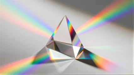A prism splits white light into a vibrant rainbow spectrum on a reflective surface. © YiuCheung