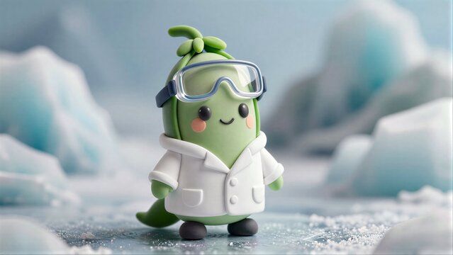 Cute green pickle scientist in lab coat explores icy blue glacier landscape.