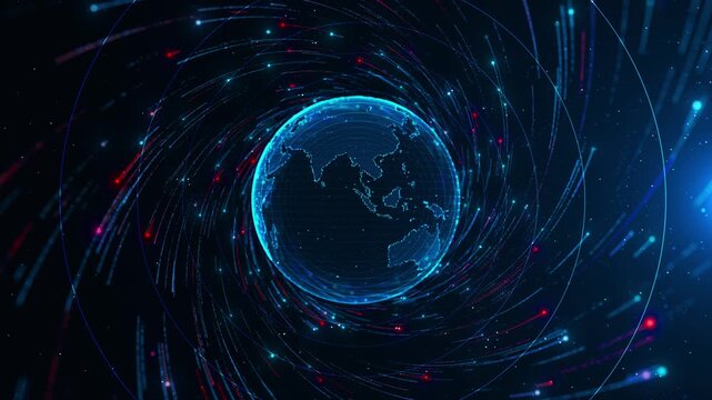 Earth network animation shown dots as neon signals circle dark space. dynamic worldwide connectivity, cloud computing, digital transformation, analytics, telecommunications, science, modern broadcasts