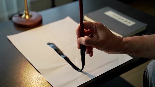 Pressing right-hand rolled-sleeve holding brush, pulling ink stroke at desk with book for practice
