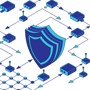 Cyber Security and Cloud Data Architecture Vector Infographic, Network Protection and Server Flow Diagram for IT Presentation
