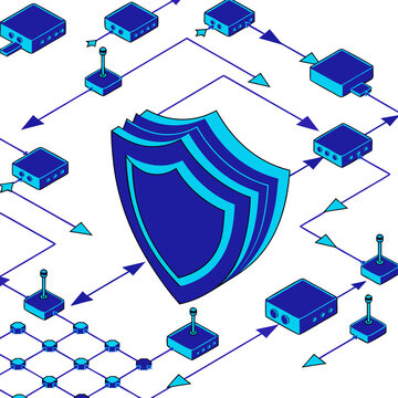 Cyber Security and Cloud Data Architecture Vector Infographic, Network Protection and Server Flow Diagram for IT Presentation
