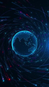 Futuristic digital globe data trails, particles, orbital lines. global business, artificial intelligence, cybersecurity, finance, communication, news, network, innovation, technology presentations.