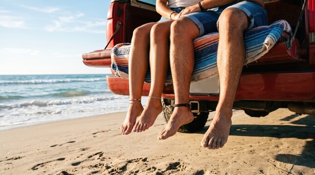 Man and woman relax on a pickup tailgate beside a sunny beach. Their bare feet dangle above warm sand. Summer road trip lifestyle and coastal travel concept.