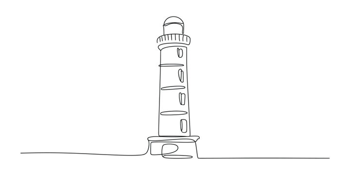 Continuous single line drawing of a tall lighthouse building for nautical design