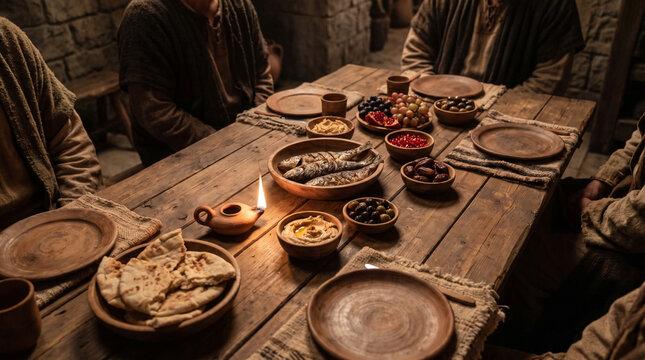 Ancient biblical feast with bread and fish on a wooden rustic table illuminated by an oil lamp during the Last Supper.