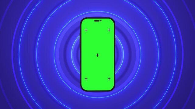 Mobile phone display green chroma markers futuristic stage. inserting applications, messages, websites, games, videos calls, ecommerce content, advertisements, tutorials, interface demonstrations.