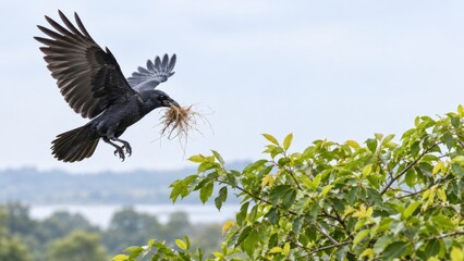 Obraz premium Black Crow Bird Flying Through Blue Sky Carries Dry Grass Nesting Material Toward Green Leafy Canopy Overlooking Scenic Summer Lake Landscape
