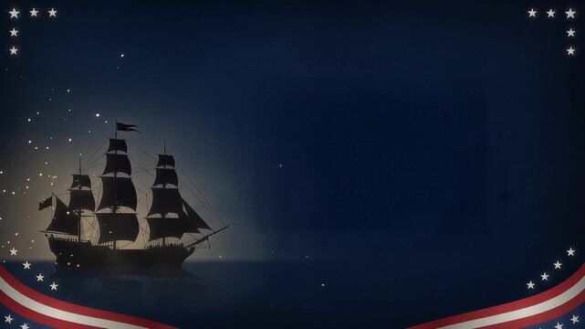 Silhouette of Historic Sailing Ship on Dark Blue Background with Stars and Flag