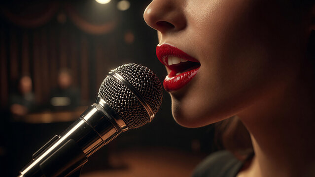 Woman singing into microphone with open mouth on stage, music performance and live entertainment