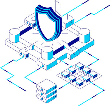 Cyber Security and Cloud Data Architecture Vector Infographic, Network Protection and Server Flow Diagram for IT Presentation
