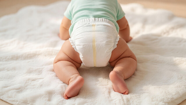 Infant crawling on fluffy rug wearing diaper, hygiene and early childhood development
