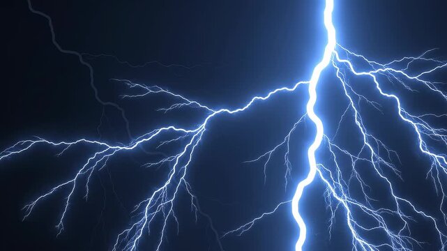 Electric blue lightning strikes across a dark stormy sky with pulsating energy