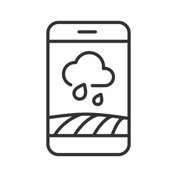 Smart farming weather app icon in line design. Forecast, rain, cloud, field, agriculture, mobile, technology on white background vector. Smart farming weather editable stroke icon