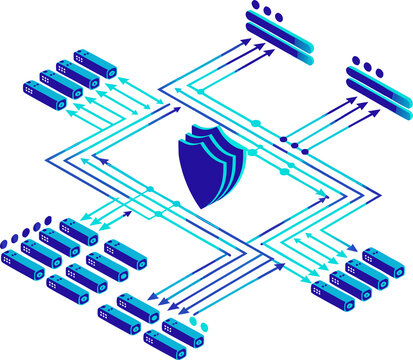 Cyber Security and Cloud Data Architecture Vector Infographic, Network Protection and Server Flow Diagram for IT Presentation
