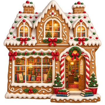 Whimsical Christmas Gingerbread Bookshop with Colorful Books, Glowing Windows, Wreaths and Festive Holiday Decorations