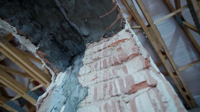 Rough brick wall covered by patches of old crumbling plaster. Reddish bricks remain visible beneath layers of old deteriorating plaster