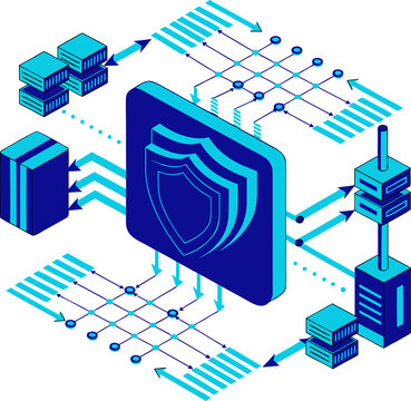Cyber Security and Cloud Data Architecture Vector Infographic, Network Protection and Server Flow Diagram for IT Presentation
