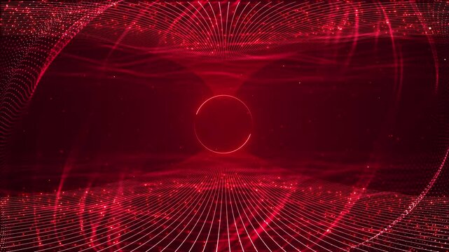 Abstract crimson grid waves sweep central energy ring deep future tunnel. motion backdrop technology branding, reality, science fiction, gaming, concerts, cyber title sequences digital transitions.