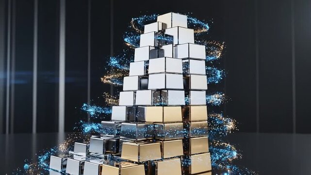 Golden 3d blocks stack with futuristic blue light effect