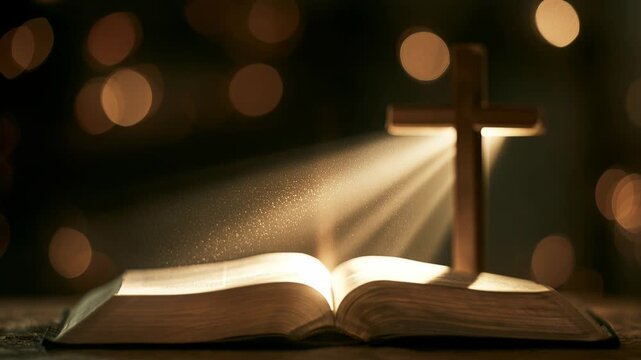 A group engages in a discussion about Christian faith while referencing the Bible. A wooden cross stands in the background with light shining through.